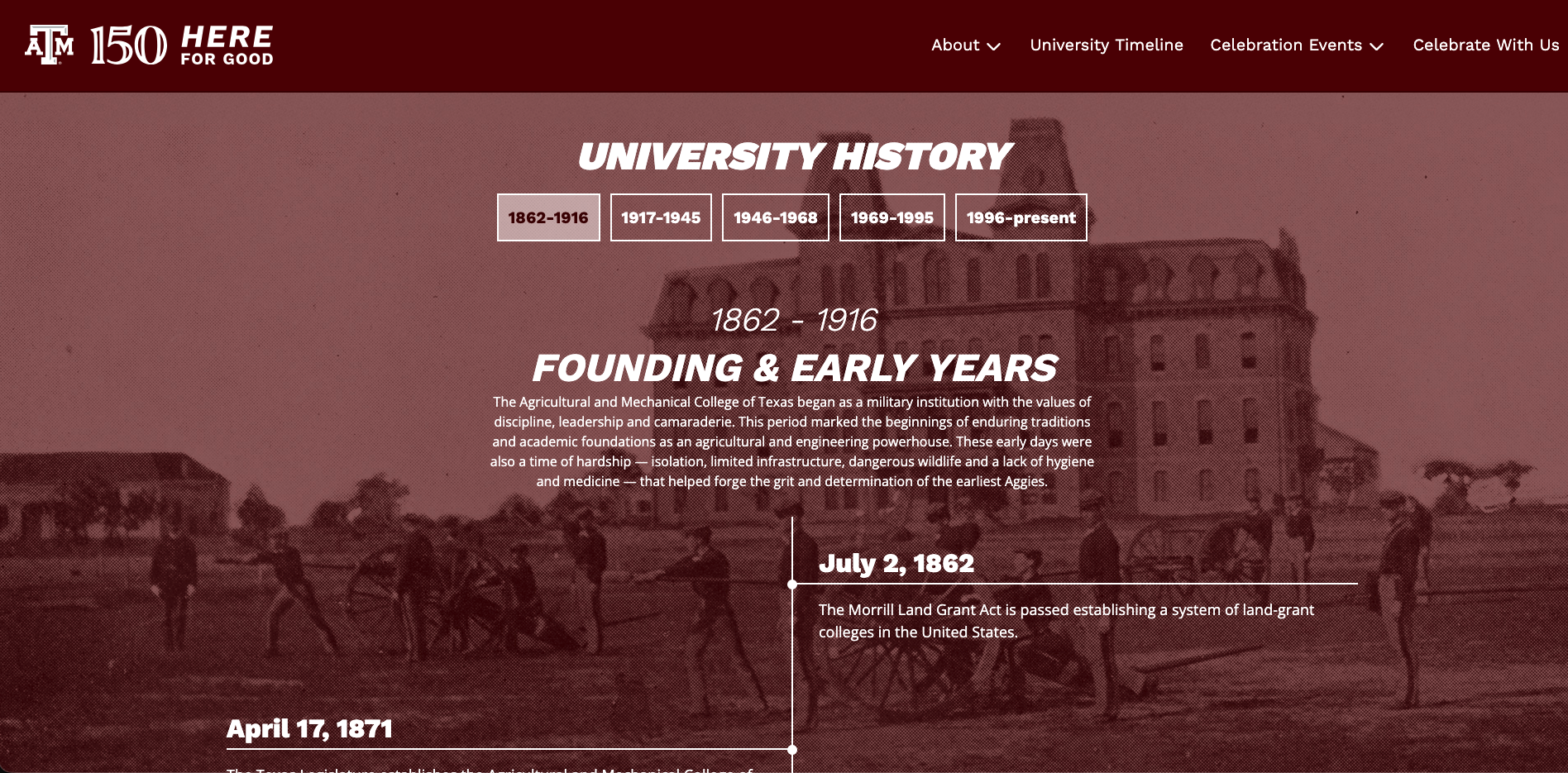 a screenshot of the Texas A&M 150th home page